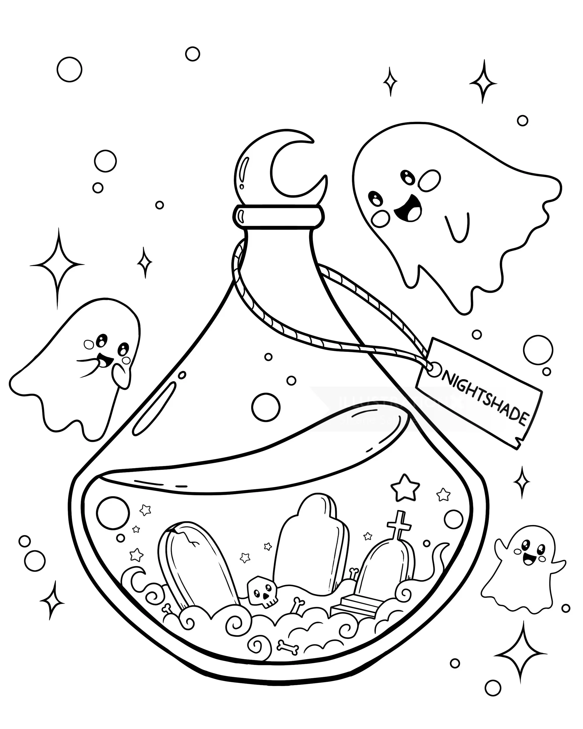 Cartoon ghosts surrounding a nightshade potion bottle with a crescent stopper