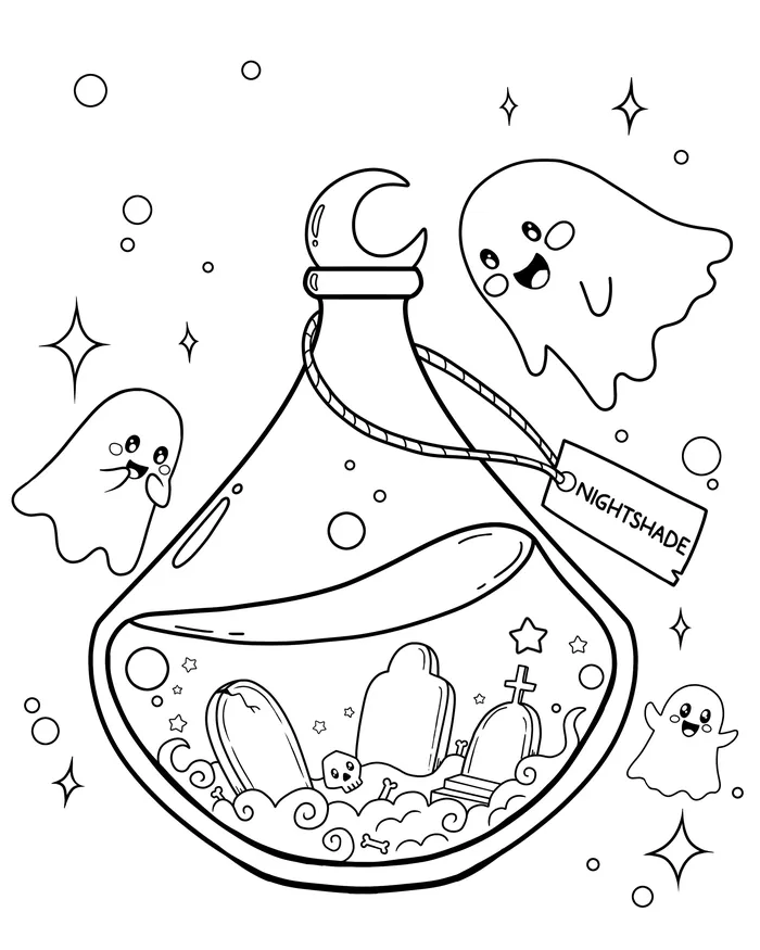 Cartoon ghosts surrounding a nightshade potion bottle with a crescent stopper