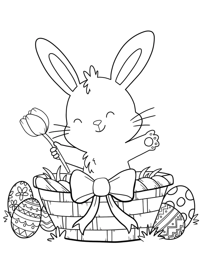 Happy bunny in basket with flower and decorated Easter eggs