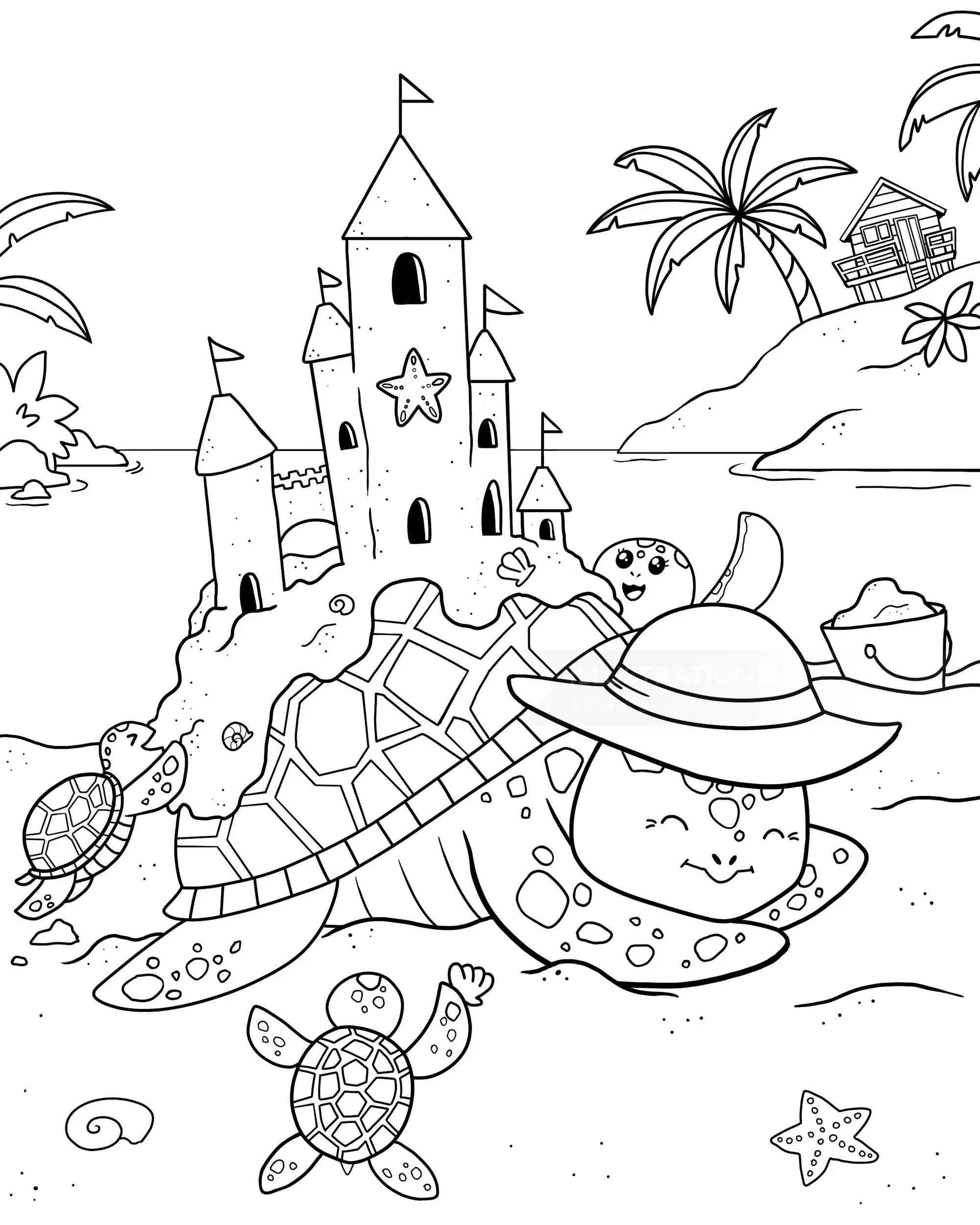Turtles building sandcastle on beach with palm trees and shells