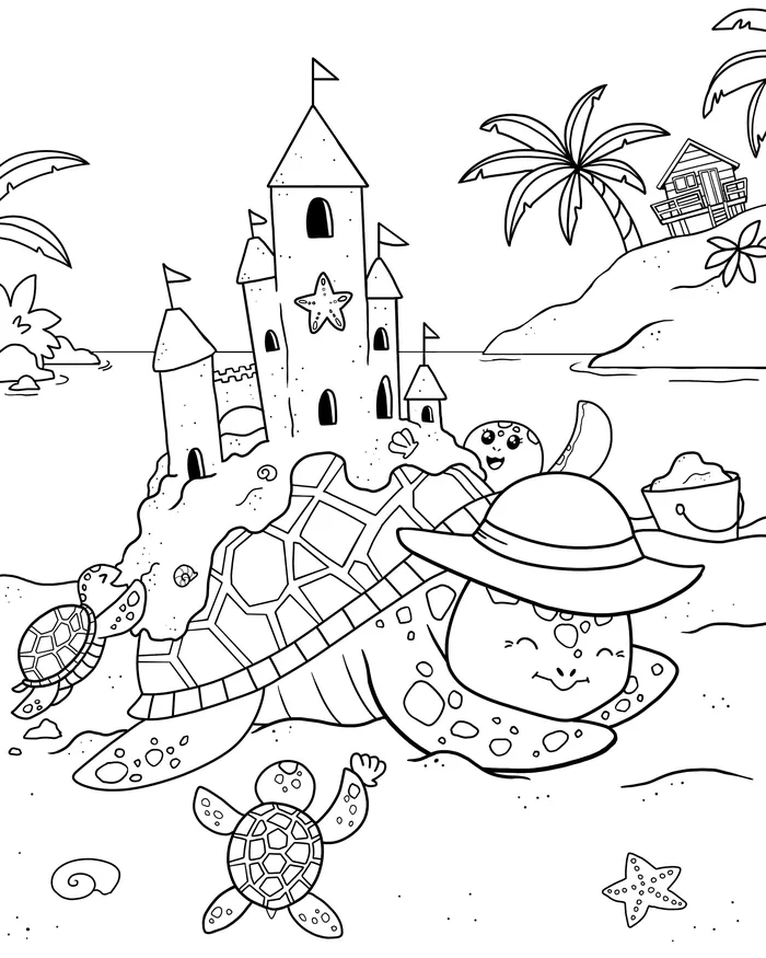 Turtles building sandcastle on beach with palm trees and shells