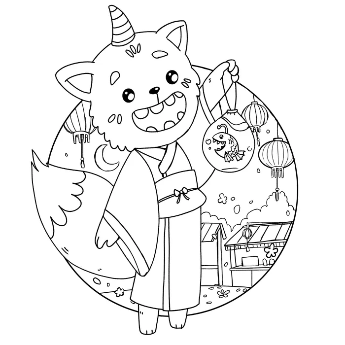 Fox in kimono holding a lantern with festival background