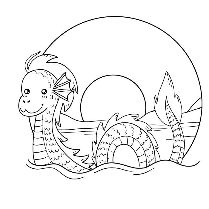 Smiling sea serpent with fins and scales in water under sunset