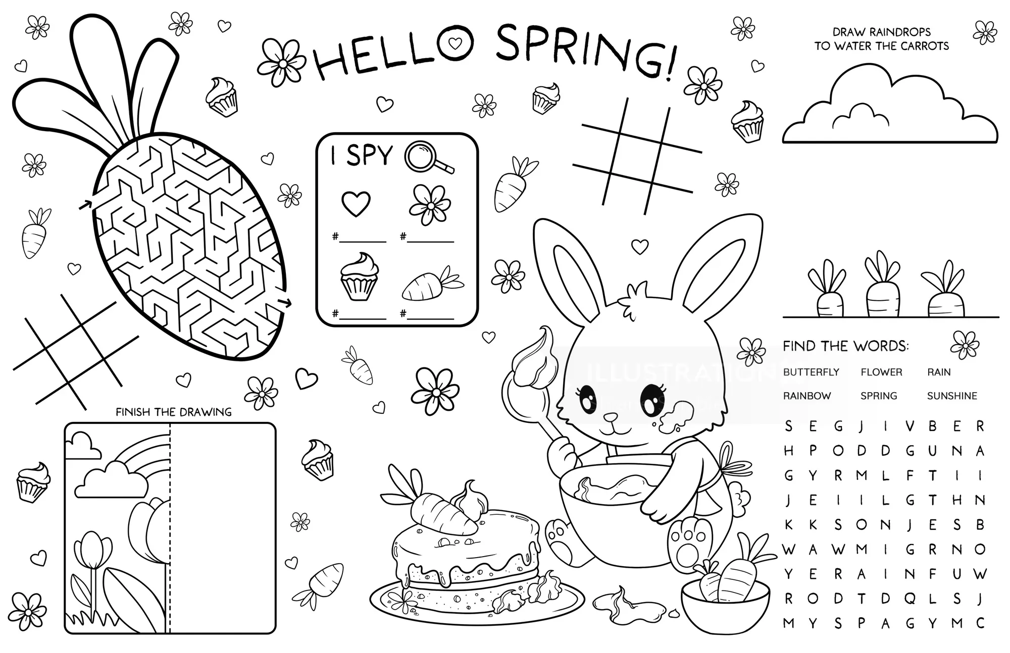 Bunny painting Easter egg with spring puzzles and decorations