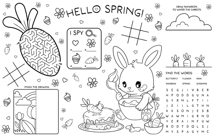 Bunny painting Easter egg with spring puzzles and decorations