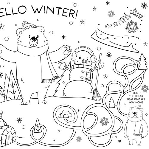 Winter coloring page with bear, igloo, snowman, and word search puzzle