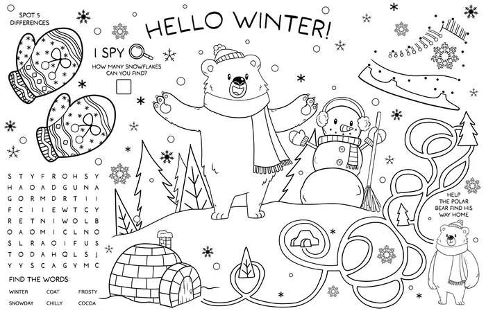 Winter coloring page with bear, igloo, snowman, and word search puzzle