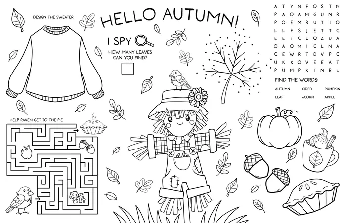 Autumn activity sheet with puzzles, scarecrow, pumpkin, and fall items