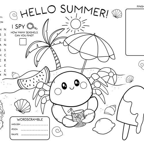 Summer activity sheet with beach scene, word search, and coloring page