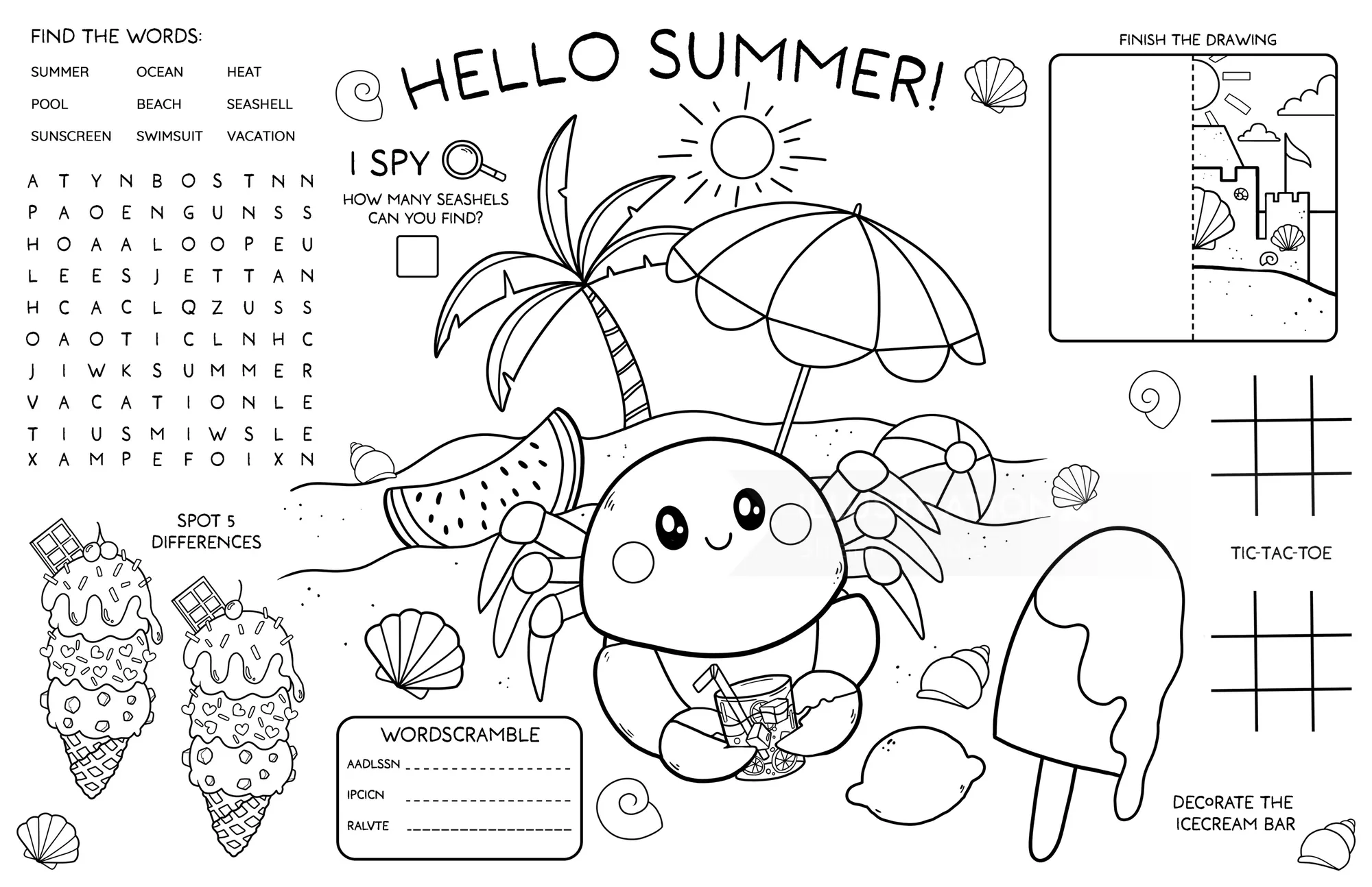 Summer activity sheet with beach scene, word search, and coloring page