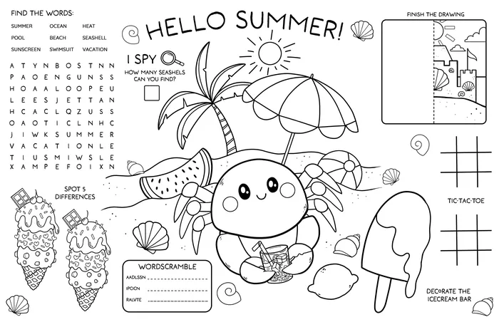 Summer activity sheet with beach scene, word search, and coloring page
