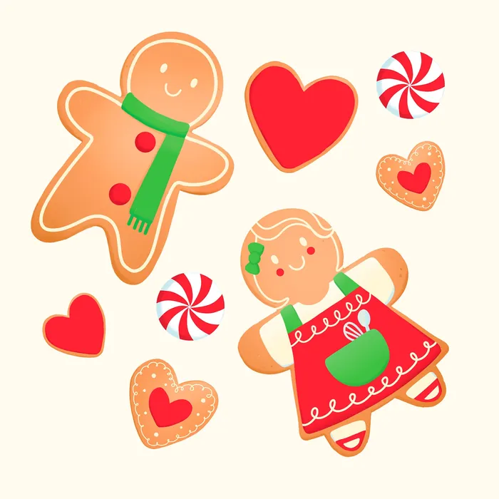 Gingerbread man and woman cookies with hearts and peppermint candy