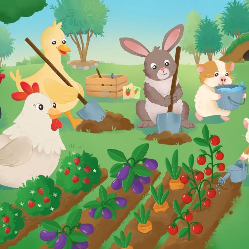 Bauernhoftiere beim gemeinsamen Gärtnern, Illustration von Shiane Salabie