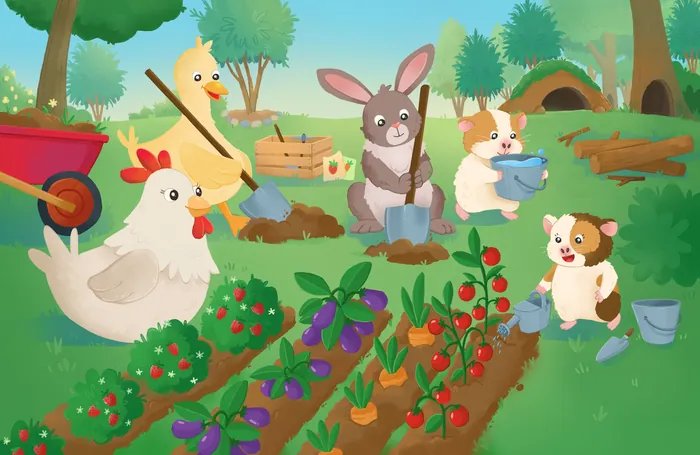 Farmyard animals gardening together, illustration by Shiane Salabie
