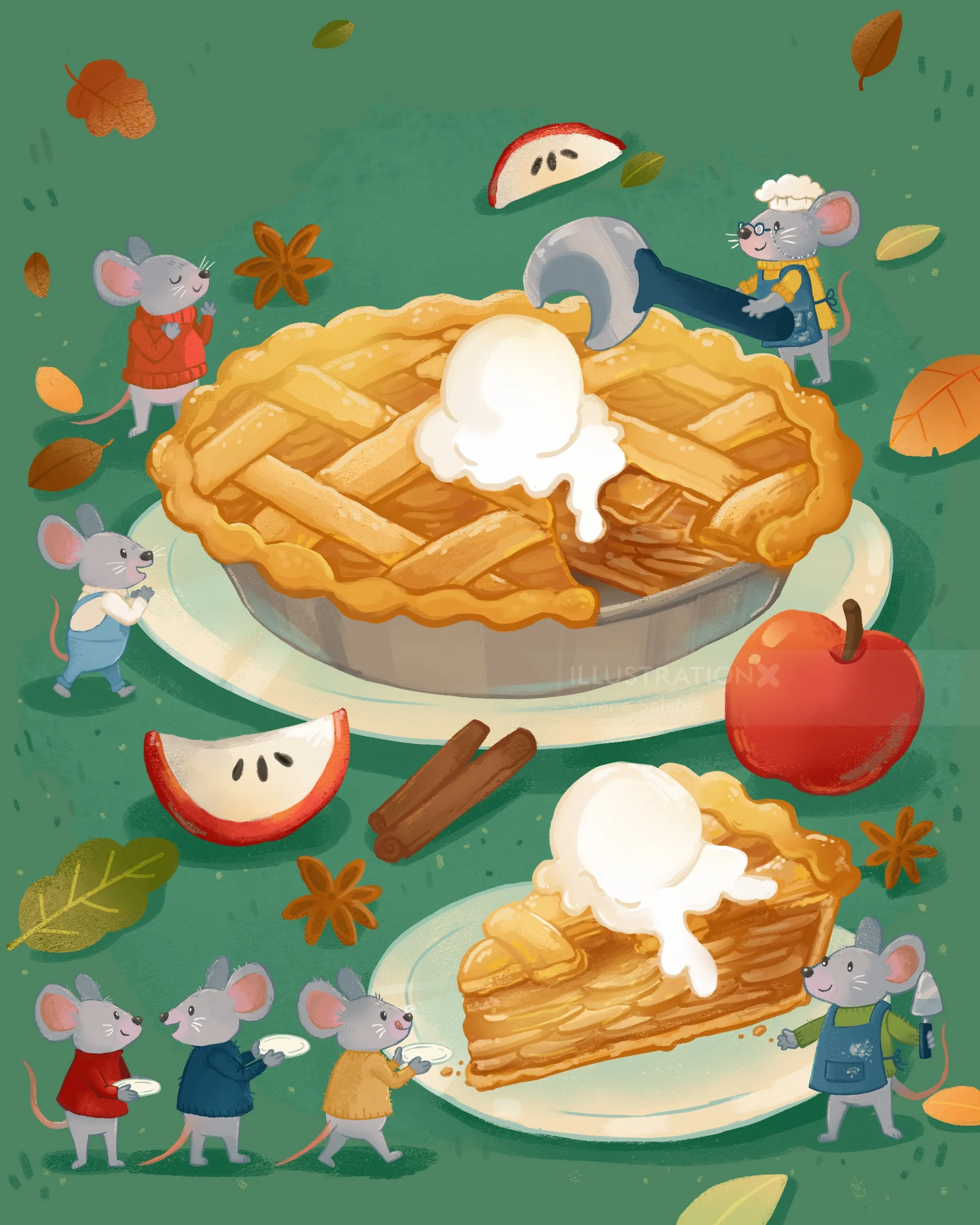 Mice serving apple pie with ice cream on plates, autumn leaves around by Shiane Salabie