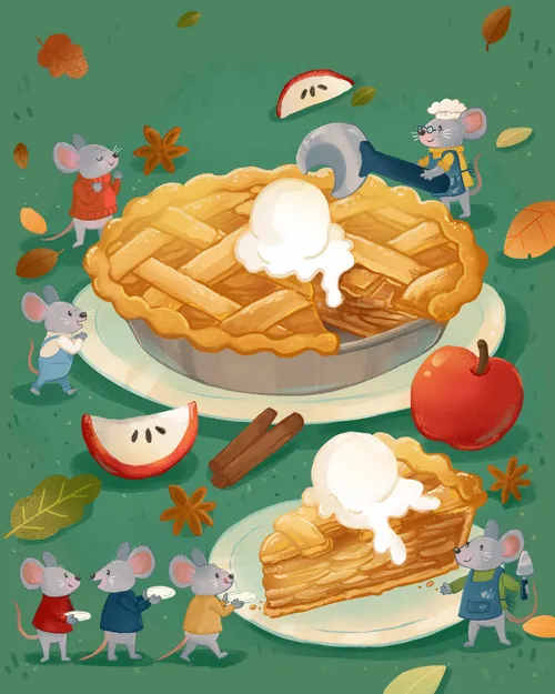 Mice serving apple pie with ice cream on plates, autumn leaves around by Shiane Salabie