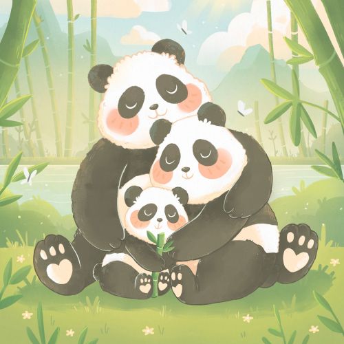 Cartoon panda family hugging in bamboo forest by Shiane Salabie