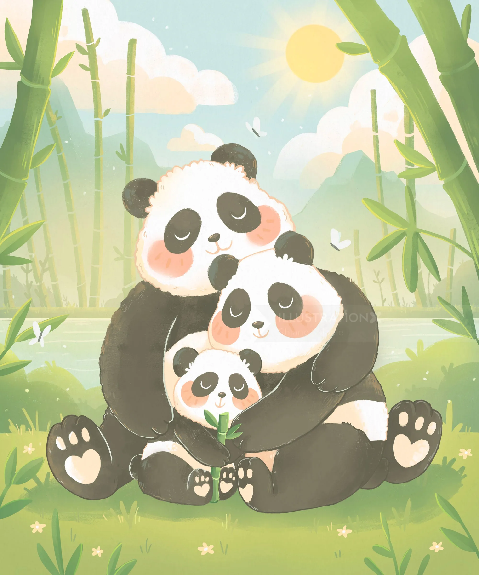 Cartoon panda family hugging in bamboo forest by Shiane Salabie