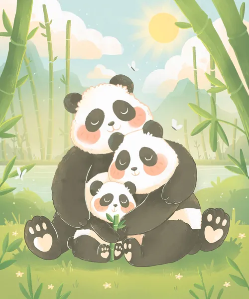 Cartoon panda family hugging in bamboo forest by Shiane Salabie