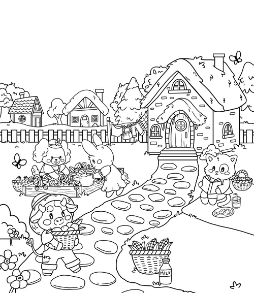 Cottage scene with animals harvesting vegetables, by Shiane Salabie