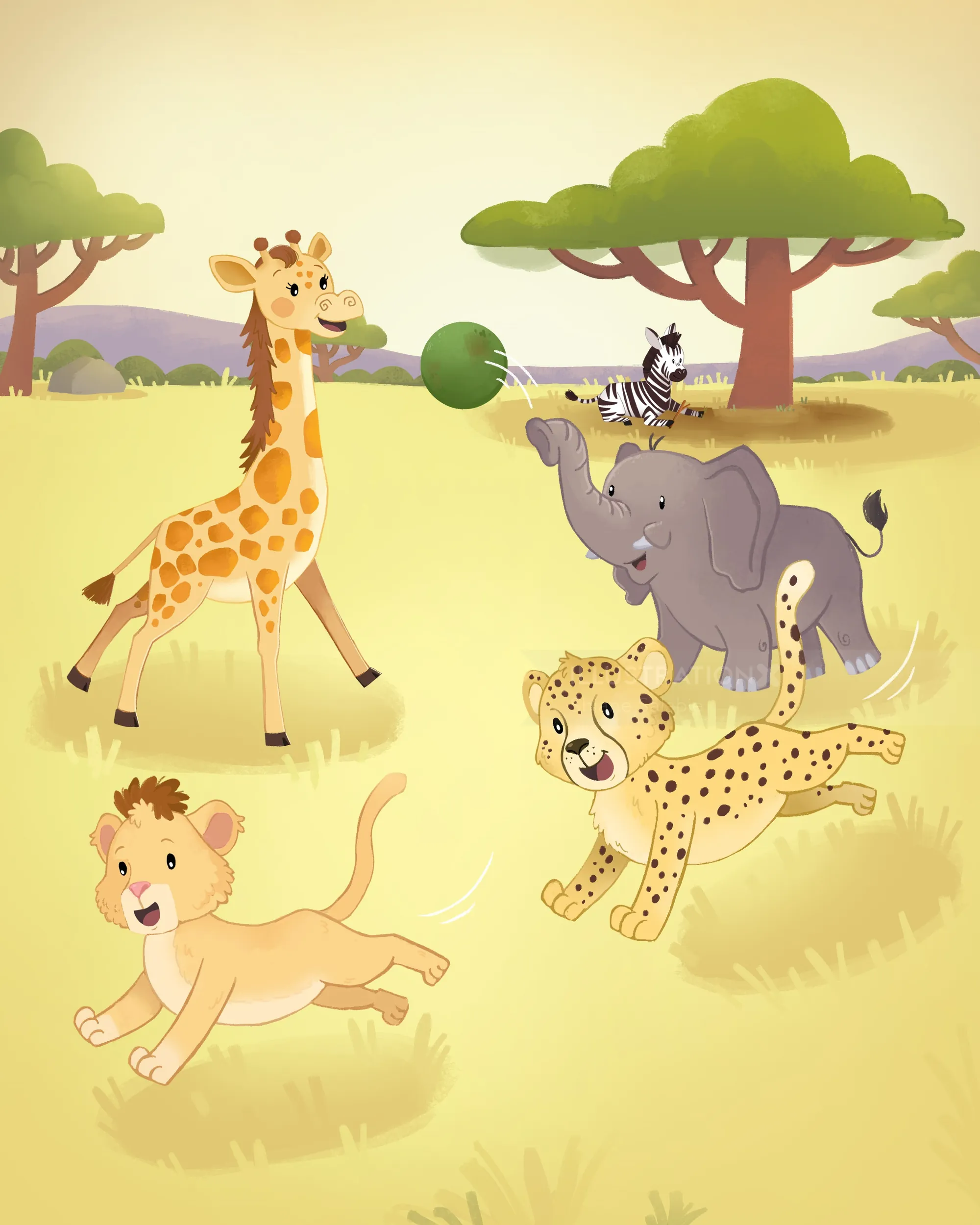 Shiane Salabie's illustration of giraffe, elephant, cheetah, monkey, and lion cub playing