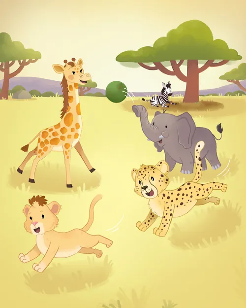 Shiane Salabie's illustration of giraffe, elephant, cheetah, monkey, and lion cub playing
