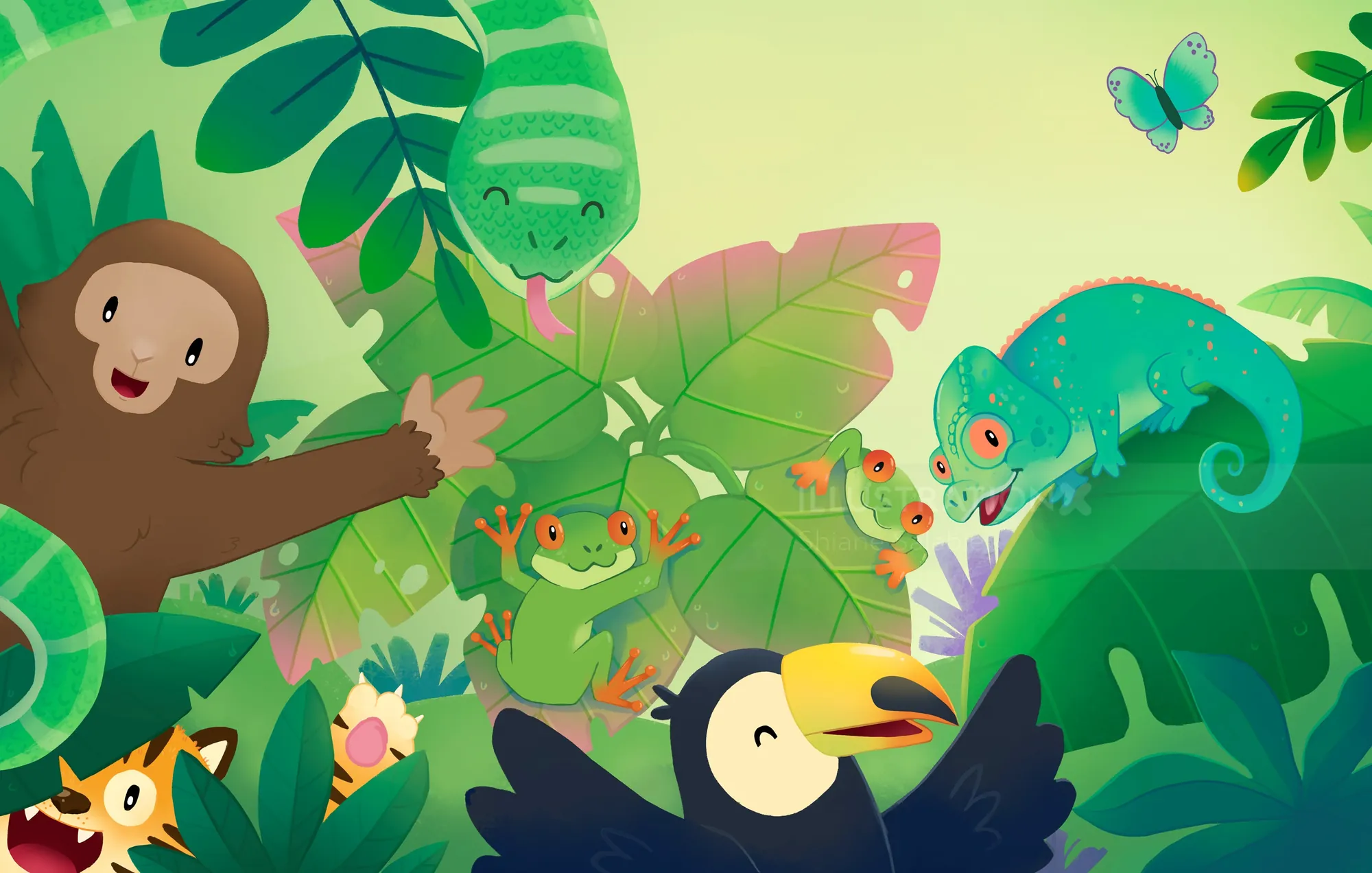 Rainforest animals illustrated by Shiane Salabie, including a toucan, monkey, chameleon, and parrot