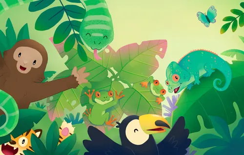 Rainforest animals illustrated by Shiane Salabie, including a toucan, monkey, chameleon, and parrot