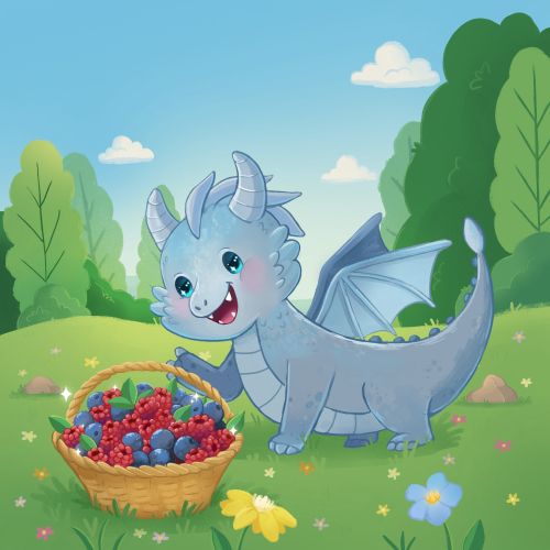 Illustration by Shiane Salabie of a blue dragon carrying a berry basket