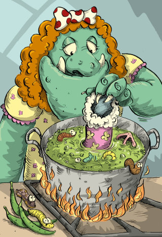 Monstro feminino de desenho animado cozinhando em uma panela