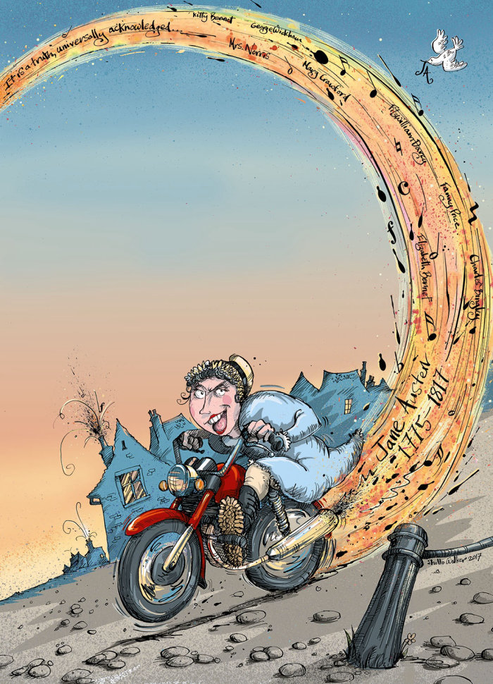 Affiche d&#39;art de Jane Austen sur une moto