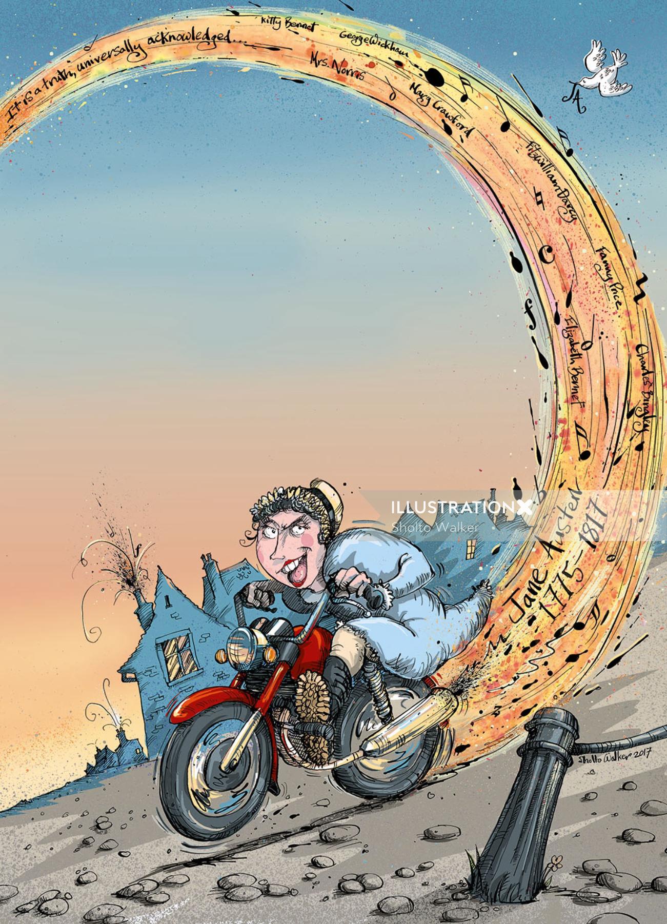 Poster art of Jane Austen riding a motorbike