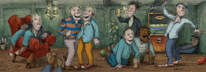Ilustración para grupo de hombres borrachos