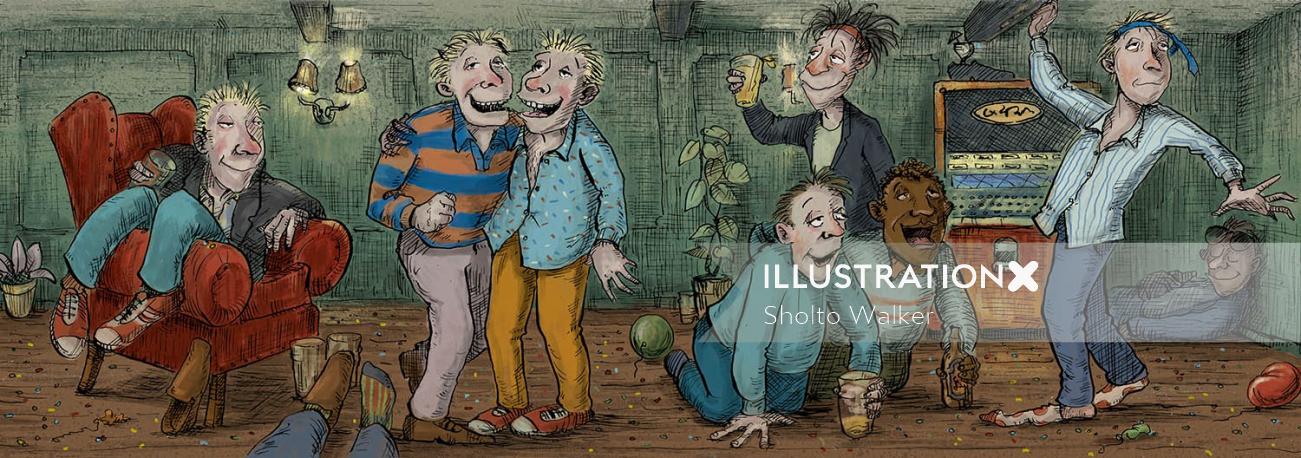 Illustration for group of drunk men