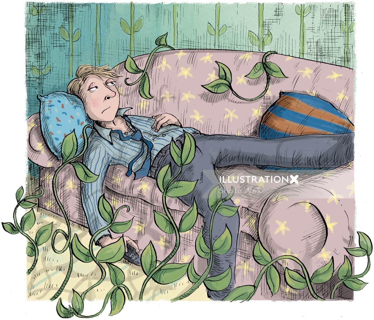 Illustration of dozing man on the couch