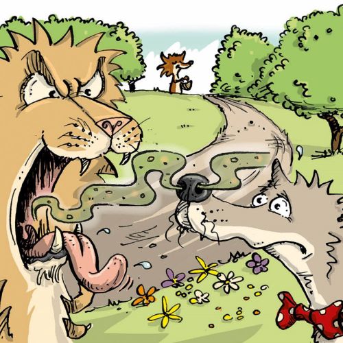 Humorous Illustration of Lion and Wolf