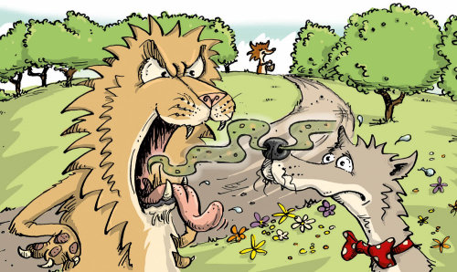 Humorous Illustration of Lion and Wolf