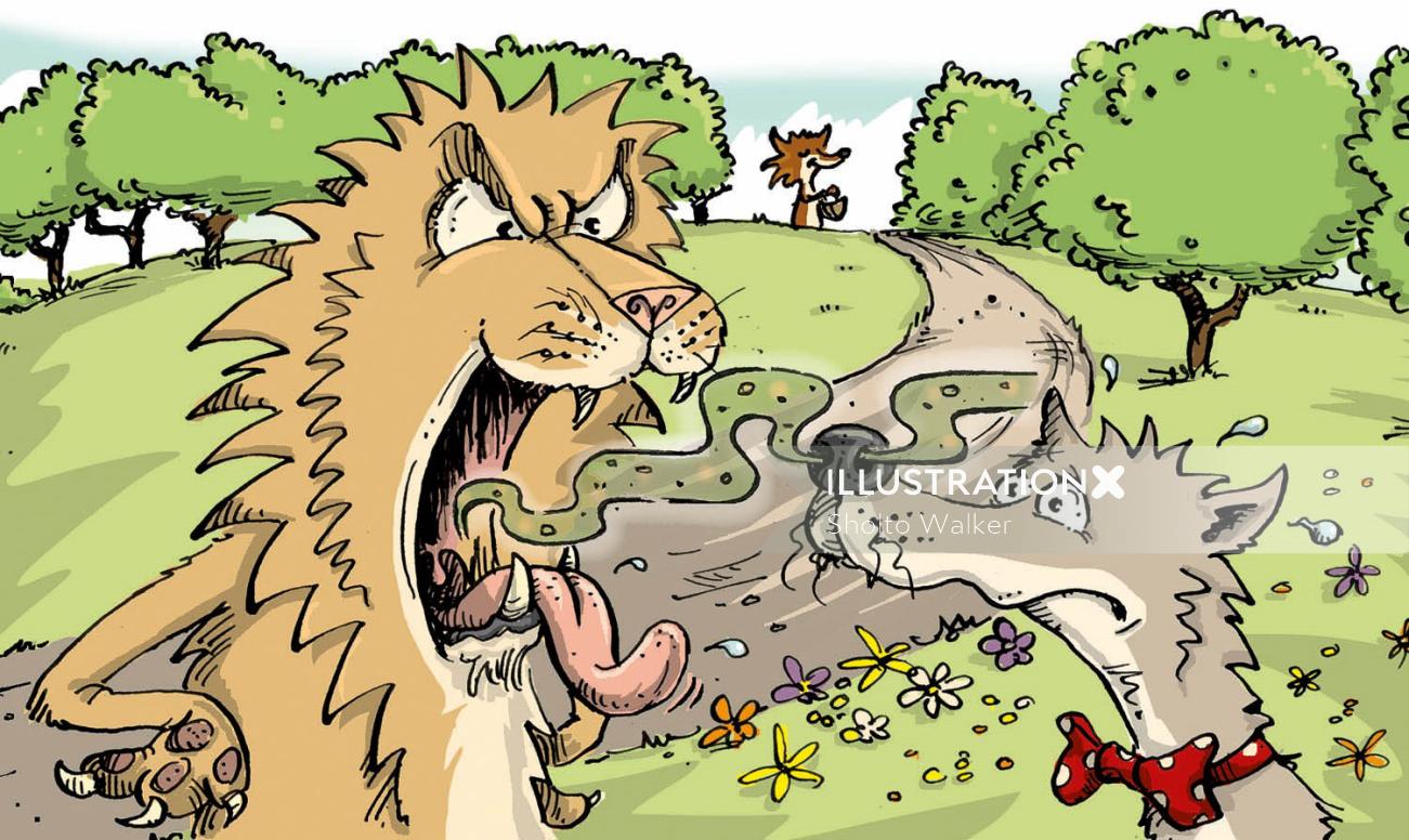 Ilustração humorística de leão e lobo