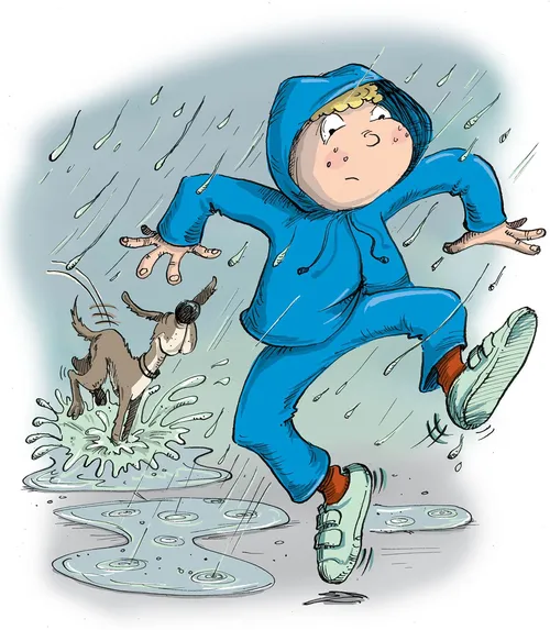 Junge und sein Hund springen in Pfützen