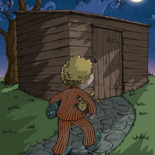 Fairy tale art of boy walks to scary shed