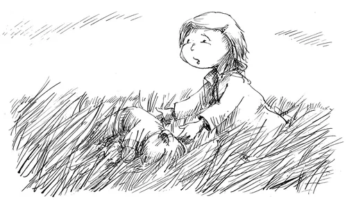 Black and white injured teddy bear from the long grass.
