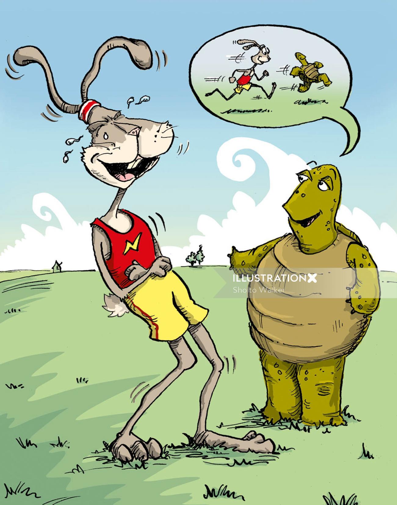 Desenho e humor Lebre rindo de tartaruga