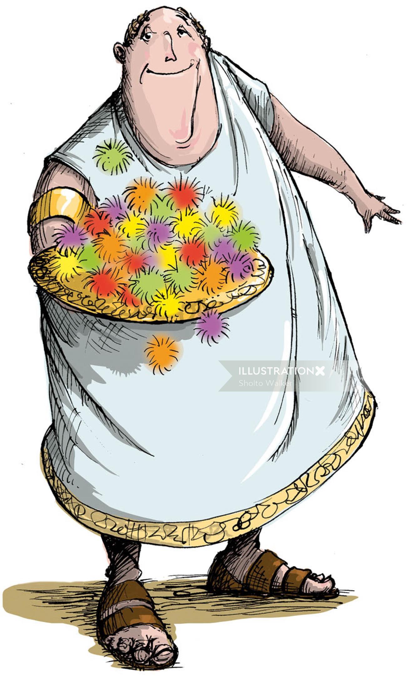 Homem romano gordo de desenho animado e humor