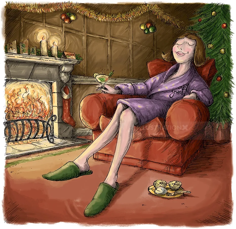 Woman in purple robe enjoys cocktail by fireplace in decorated room by Sholto Walker