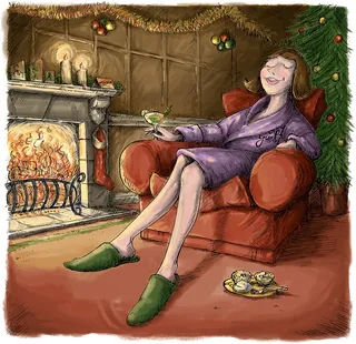 Woman in purple robe enjoys cocktail by fireplace in decorated room by Sholto Walker