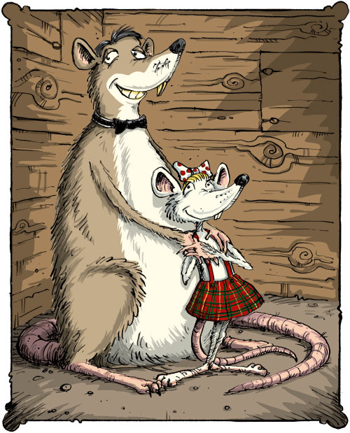Comic illustration of father rat and his daughter 