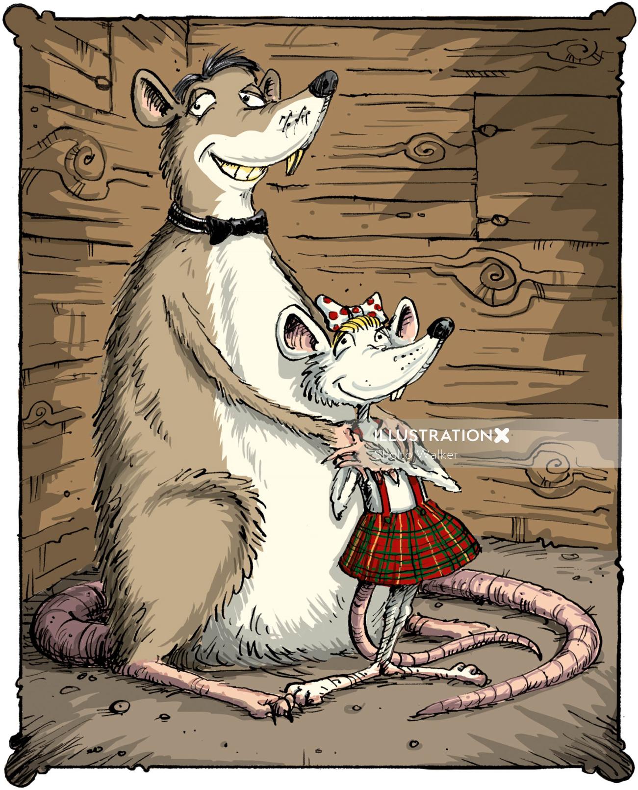 Comic illustration of father rat and his daughter 