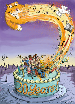 卡通幽默猫和巨型蛋糕
