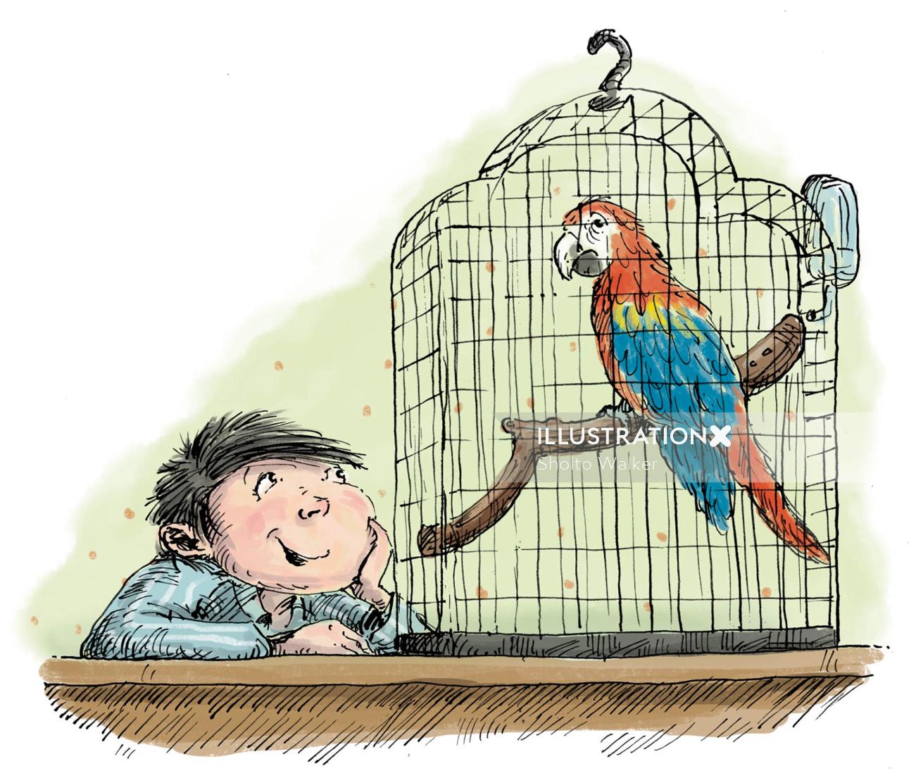 Animais Jovem rapaz falando com seu papagaio de estimação.