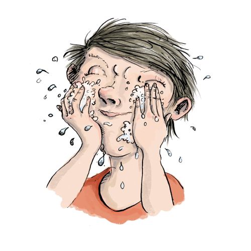 Comic illustration of boy washing his face 
